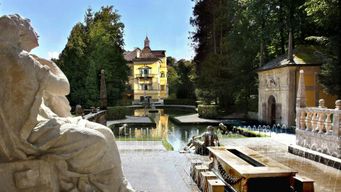 Excursion en bateau au château de Hellbrunn avec fontaine à jets d'eau et bus à impériale londonien